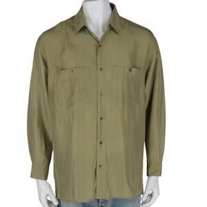 Vintage Cezar Light Olive Green Silk Button Front Long Sleeve Y2K Dress Shirt